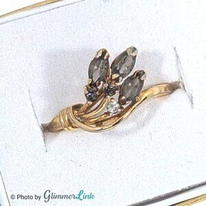 Vintage 60s 70s Smoky Gray Rhinestone Leaf Spray Gold Tone Ring – Size 7.75